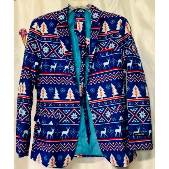 Men's Suitmeister Slim-Fit Nordic Christmas Blue Blazer - Picture 1 of 14